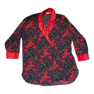 VTG Victoria's Secret Gold Label Paisley Jewel Tone Button-Up Sleep Shirt, Large